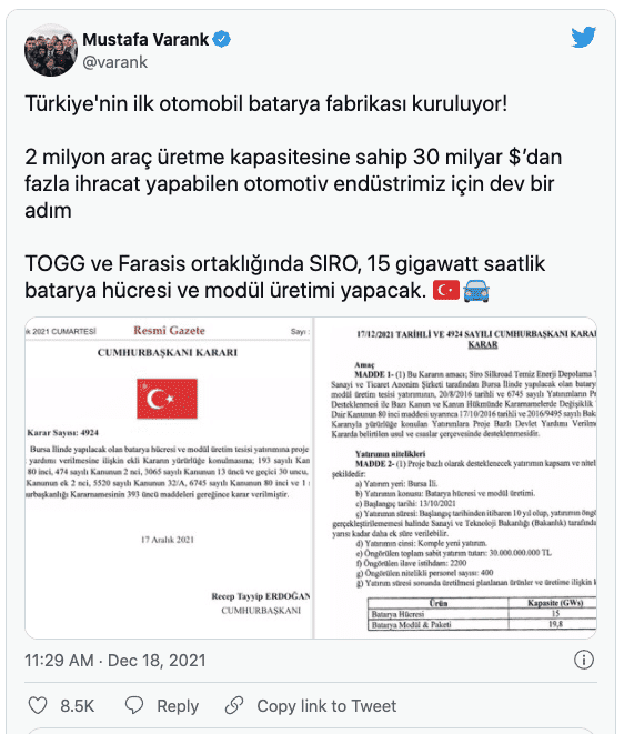 Yerli elektrikli araç pil fabrikası teşvik kararı